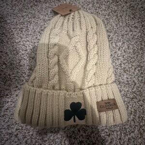 Cream Knit Beanie with Green Accent